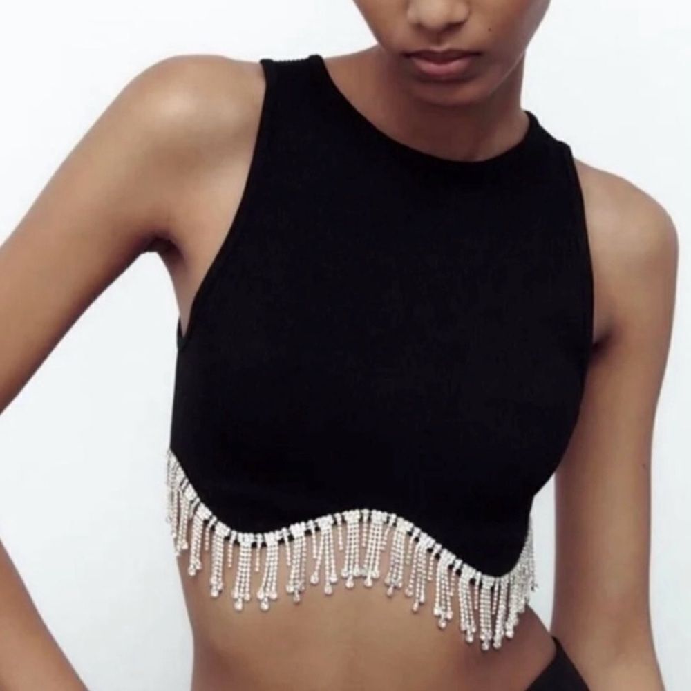 ZARA Black Contour Hem Ribbed Cropped Tank with Rhinestone Fringe Hem